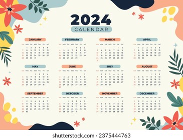 2024 Calendar template. 2024 Calendar year. vector illustration. The week starts on Monday. Annual calendar 2024 template. Calendar design. 2024 year template design.