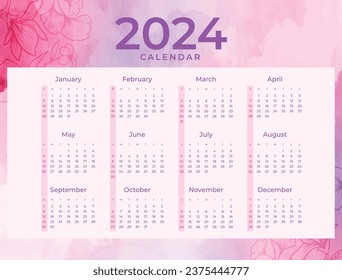 2024 Calendar template. 2024 Calendar year. vector illustration. The week starts on Monday. Annual calendar 2024 template. Calendar design. 2024 year template design.