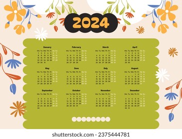 2024 Calendar template. 2024 Calendar year. vector illustration. The week starts on Monday. Annual calendar 2024 template. Calendar design. 2024 year template design.