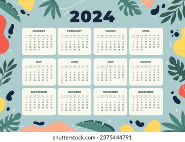 2024 Calendar template. 2024 Calendar year. vector illustration. The week starts on Monday. Annual calendar 2024 template. Calendar design. 2024 year template design.