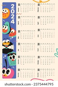 2024 Calendar template. 2024 Calendar year. vector illustration. The week starts on Monday. Annual calendar 2024 template. Calendar design. 2024 year template design.
