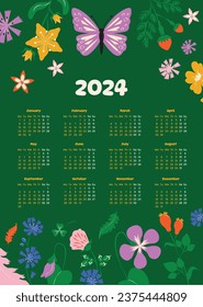 2024 Calendar template. 2024 Calendar year. vector illustration. The week starts on Monday. Annual calendar 2024 template. Calendar design. 2024 year template design.