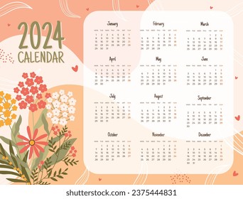 2024 Calendar template. 2024 Calendar year. vector illustration. The week starts on Monday. Annual calendar 2024 template. Calendar design. 2024 year template design.