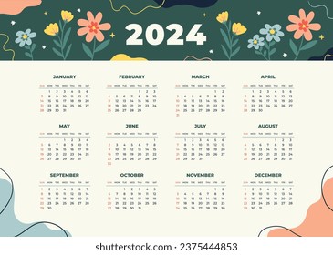 2024 Calendar template. 2024 Calendar year. vector illustration. The week starts on Monday. Annual calendar 2024 template. Calendar design. 2024 year template design.