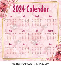 Plantilla del Calendario 2024. Año calendario 2024. Ilustración vectorial. La semana comienza el lunes. Plantilla del calendario anual de 2024. Diseño de calendario. 2024 año de diseño de Plantilla.
