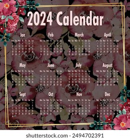 Plantilla del Calendario 2024. Año calendario 2024. Ilustración vectorial. La semana comienza el lunes. Plantilla del calendario anual de 2024. Diseño de calendario floral. 2024 año de diseño de Plantilla.