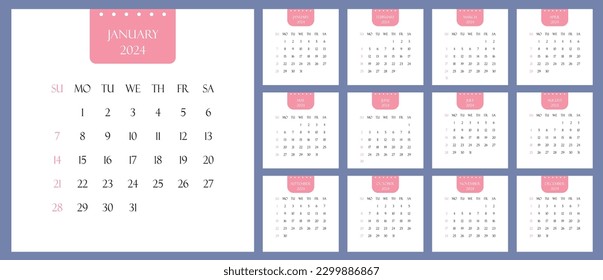2024 calendar template. Yearly planner organizer for every day. Week starts on Sunday, English, copy space