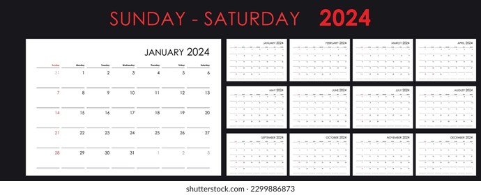 2024 calendar template. Yearly planner organizer for every day. Week starts on Sunday, English, copy space