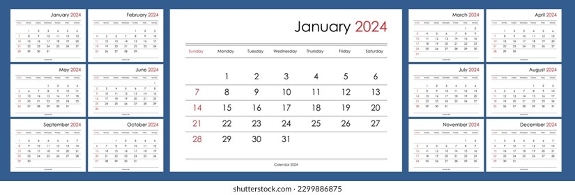 2024 calendar template. Yearly planner organizer for every day. Week starts on Sunday, English, copy space