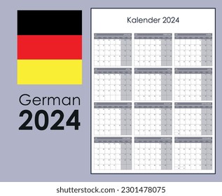 2024 calendar template. Yearly planner organizer for every day. Week starts on Monday, German