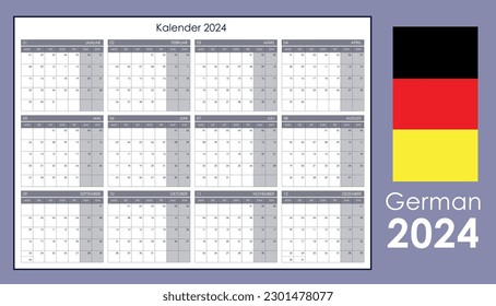 2024 calendar template. Yearly planner organizer for every day. Week starts on Monday, German