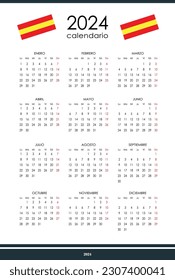 2024 calendar template. Yearly planner organizer for every day. Week starts on Monday, Spanish