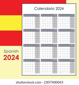 2024 calendar template. Yearly planner organizer for every day. Week starts on Monday, Spanish