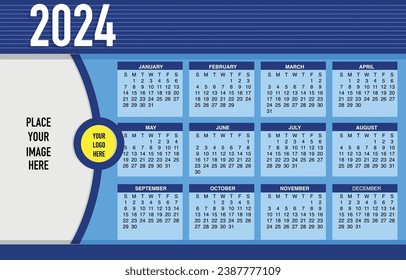 2024 calendar vector blue and yellow color with space for logo and image and editable data