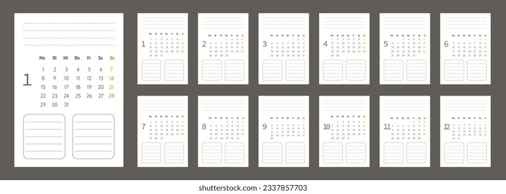 2024 calendar vector design template, simple and clean design. Calendar in German with space for notes. The week starts on Monday.