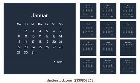 2024 calendar vector design template, simple and clean design. Calendar in German with space for notes. The week starts on Monday.
