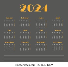 2024 calendar vector design template, simple and clean design. Calendar in German with space for notes. The week starts on Monday.