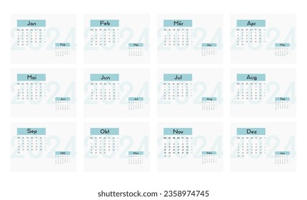 Plantilla de diseño vectorial de calendario 2024, diseño simple y limpio. Calendario en alemán. La semana comienza el lunes.