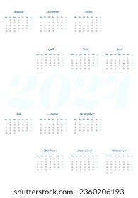 2024 calendar vector design template, simple and clean design. Calendar in German. The week starts on Monday.