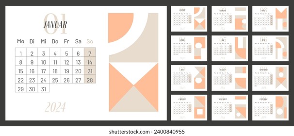 2024 calendar vector design template, simple and clean design. Calendar in German. The week starts on Monday.
