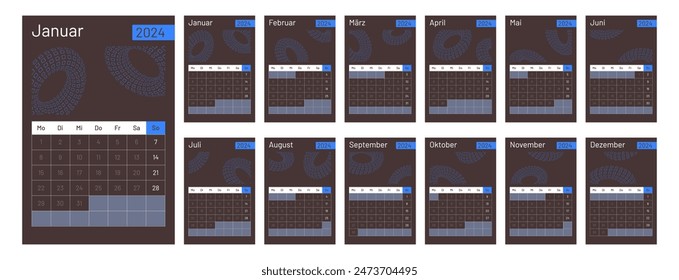 2024 calendar vector design template, simple and clean design. Calendar in German. The week starts on Monday.