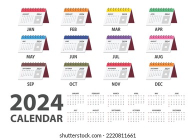 2024 calendar vector illustration. Simple classic monthly calendar for 2024 with clipart of multicolor desk calendar. The week starts on Sunday. Minimalist calendar planner year 2024 template printing