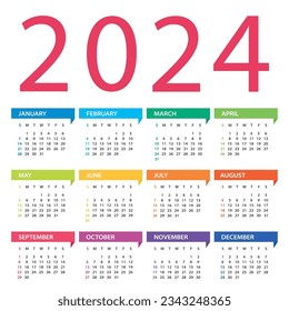 Calendario 2024 - Ilustración vectorial. La semana empieza el domingo