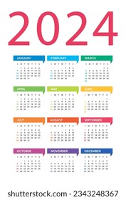 Calendario 2024 - Ilustración vectorial. La semana empieza el domingo