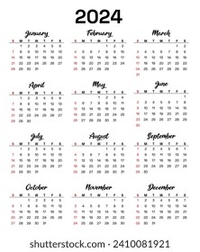 2024 Calendar Vector: Modern, editable, and printable monthly template for efficient planning in English