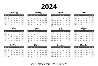 2024 Calendar Vector: Modern, editable, and printable monthly template for planning in English