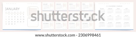 2024 Calendar. Vector Printable Minimal Modern 2024 Calendar Templates of Monthly Calendar Layout with place for Notes and Tasks. White and Blue Main Colors.