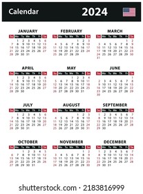 2024 Calendar - vector stock illustration. English American version