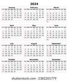 2024 calendar, vertical with grid. Modern vector illustration. Plan your year with style