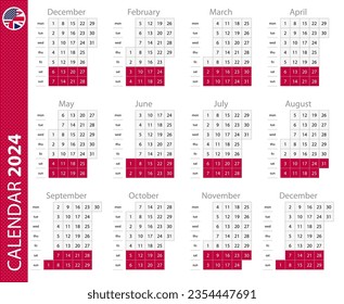 2024 calendar with vertical grid. Vector calendar template.