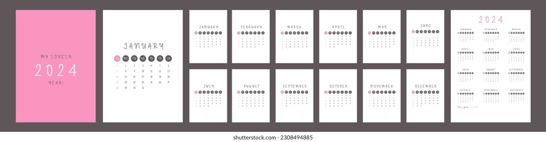 2024 Calendar Wall Minimal Template Design. Week starts on Sunday. Corporate or office calendar. English vector calendar layout.	