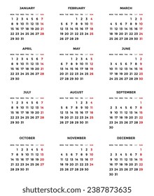 2024 Calendar 2024 week start from Monday. 2024 monthly calendar design with white background.
