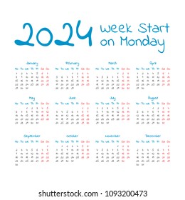 2024 Calendar. Week start on monday