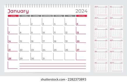 2024 Calendar. Week starts on Sunday. 12 months.  Planner template. Vector illustration