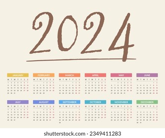 2024 Calendar, week starts on Monday, vector eps10 illustration