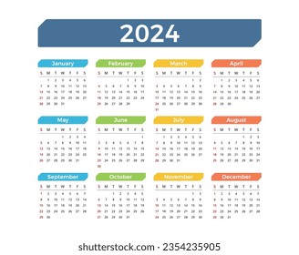 2024 Calendar, week starts on Sunday, vector eps10 illustration