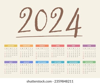 2024 Calendar, week starts on Sunday, vector eps10 illustration