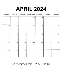 2024 calendar. Week starts on Sunday. Printable, simple, and clean calendar design. Stationery vector design.