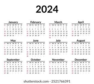Calendario 2024. La semana comienza el domingo. Diseño de calendario simple. Diario anual. Plantilla mínima de papelería con 12 meses, en inglés. Formatos de bolsillo o pared
