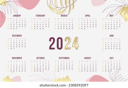 2024 Calendar. Week Starts Sunday. Premium Abstract Style One-Page Horizontal Planner Template for the Year 2024. Elegant Golden Natural Elements and Pink Colors.