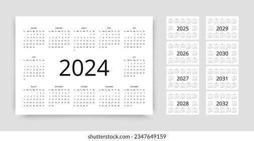 2024 calendar. Week starts Sunday. Template of pocket or wall calenders. Layouts for 2024, 2025, 2026, 2027, 2028, 2029, 2030, 2031, 2032 years. Organizer with 12 month in English. Vector illustration svg