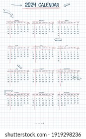 2024 Kalender Wochenplaner und zu tun Liste. handgezeichneter Schrifttyp Text und Elemente, Stil der Schulnote, Schachbrettmuster mit Linien-Kunstpfeilen und Rahmen.