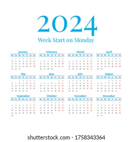 2024 Calendar with the weeks start on Monday