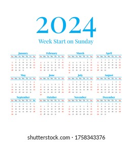 2024 Calendar Weeks Start On Sunday Stock Vector (Royalty Free ...