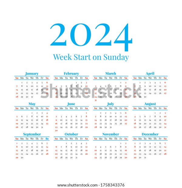 2024 Calendar Weeks Start On Sunday Stock Vector (Royalty Free ...