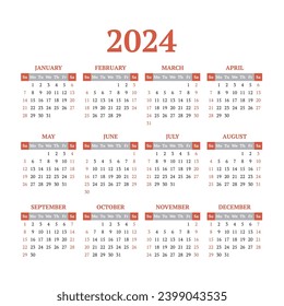 2024 Calendar with weeks starting on Sunday